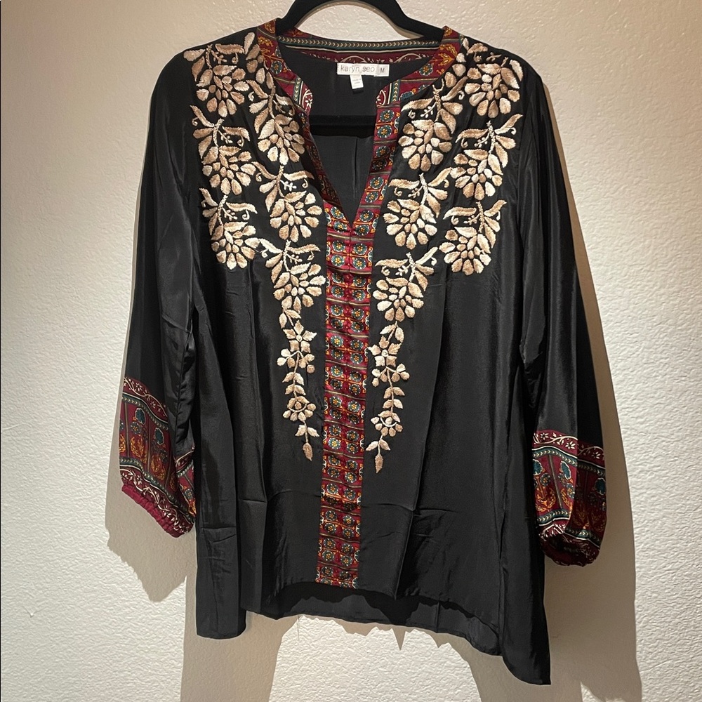 Karyn Seo Silk Blend Tunic-Length Blouse Hand Embroidered M